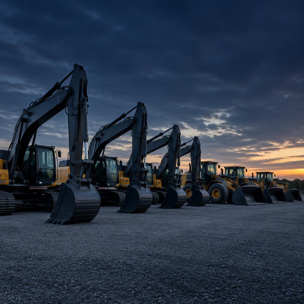 New heavy equipment lined up at a dealership lot at dusk