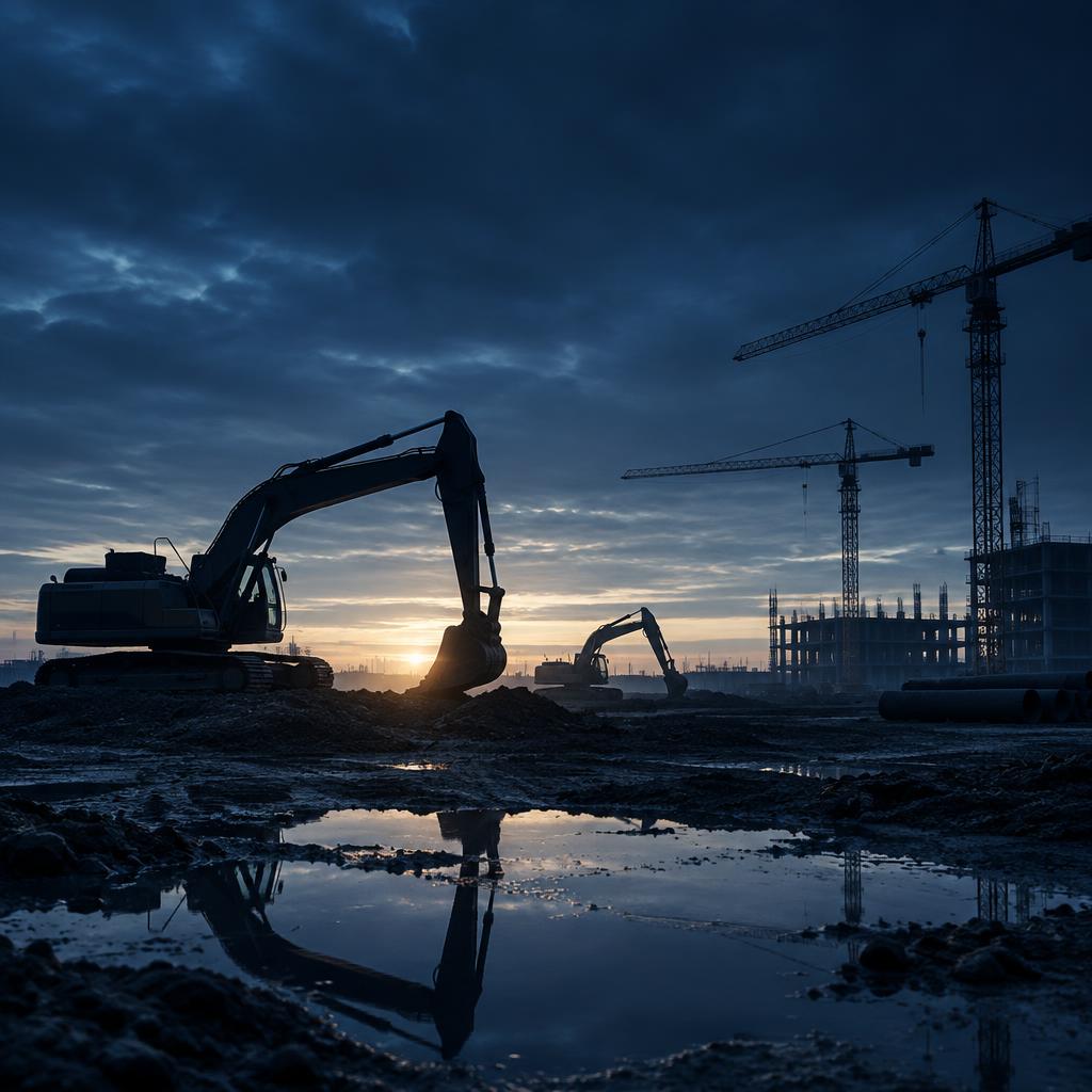 Heavy equipment and cranes on a construction site at dawn